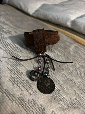 Brown Tooled Leather Bracelet with Coin Charms